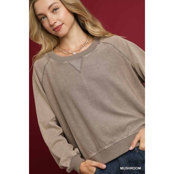 Umgee Mineral Wash Crew Neckline Relaxed Fit French Terry Sweatshirt | Mushroom - Picture 6 of 6